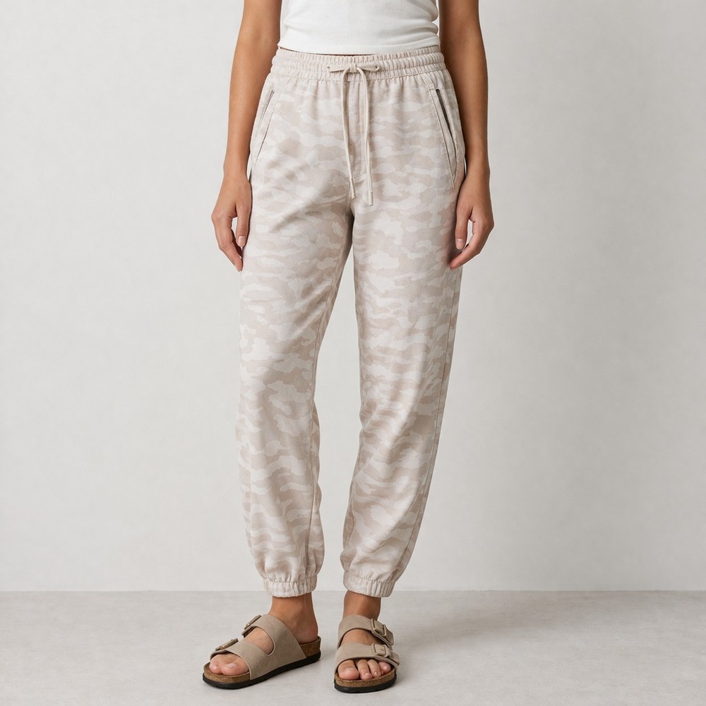 Athleta Linen Cabo Joggers Tan Camo Size 6 Beach‎ Summer Gorpcore